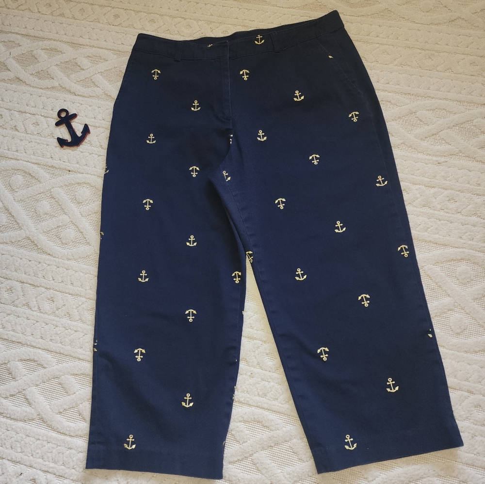 12 ANCHOR PANTS Sag Harbor Navy Cropped Pants with Yellow Anchor Embroidery